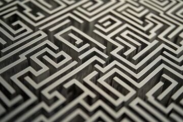 Geometric lines create intricate maze patterns in varying shades, showcasing abstract design and complexity in a striking visual composition