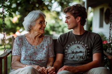 Fototapeta premium Elderly mother with short gray hair shares a warm moment with her son on a swing in a peaceful garden setting during a sunny afternoon