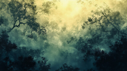 Naklejka premium Abstract. Misty forest with sunlight shining through the trees