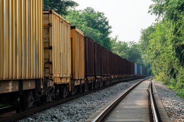 Obraz premium Freight train travels along a winding railway track surrounded by vibrant greenery during daylight hours in a rural area