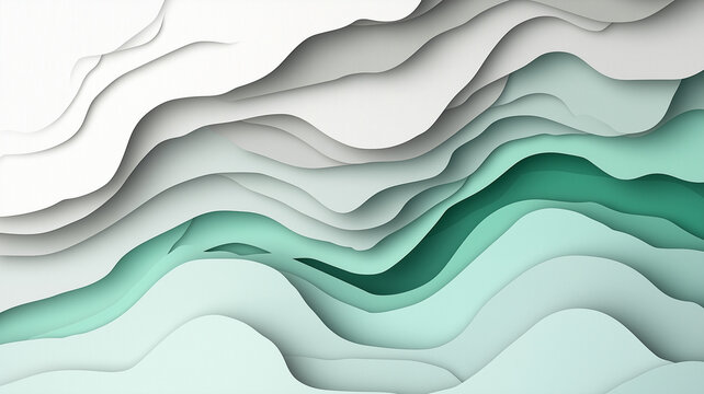 A mint green cut paper abstract background slide topographic map, topography, layers, waves with 3d light and shadow - air, water, energy, science, medical - natural flowing shapes with tonal textures
