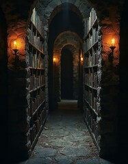 Fototapeta premium Dark Library Corridor with Bookshelves and Torches: Medieval or Fantasy Setting