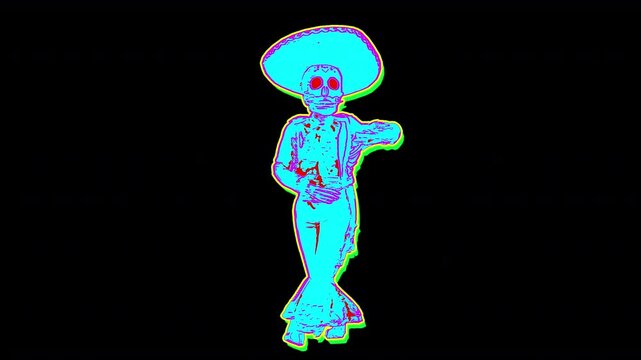 Seamless animation of a dancing mexican skeleton isolated with alpha channel. Halloween background with cartoon illustration effect