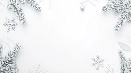 A christmas theme tonal blank winter message space, signage for holiday - minimalism, border frame; background, all white, with tone on tone pine branches, snowflakes, snow - frosted icy