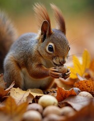 Obraz premium Squirrel Eating Nut in Autumn Leaves: Wildlife Portrait