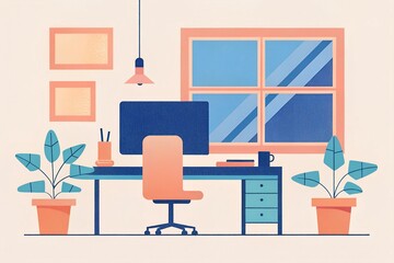 Interior empty office room with computer, workplace with desktop and window. Private office for work on computer. Work space. Working desk with computer for one people. Flat illustration