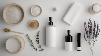 Natural Skincare Products and Accessories on a White Background