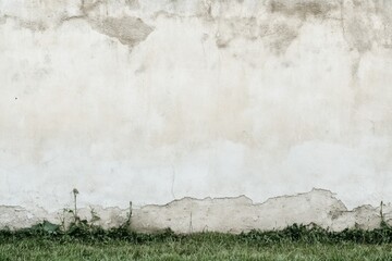 Textured cracked wall with green grass at the base under natural light outdoors during the day