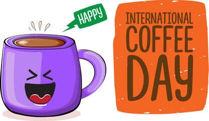 International coffee day horizontal banner with cute violet coffee cup character and greeting text isolated on white brown background. Coffee day cartoon poster, flyer, label sticker, funny banner