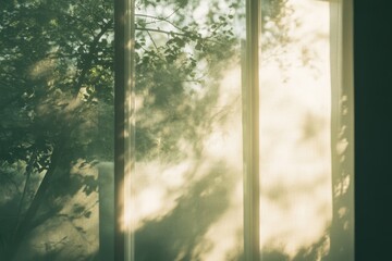 Naklejka premium A window with a tree outside and the sun shining through it. The light is casting a shadow on the wall