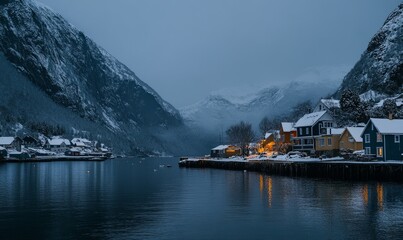 Dusk over the fishing village and the calm water of the fjord surrounded by snowy mountains