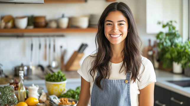 Joven cocinera sonriente posando en la cocina.generativa ia