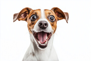 Surprised dog puppy with funny excited expression face close up isolated on bright white background.