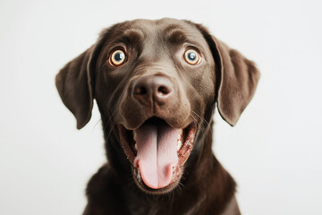 Surprised dog puppy with funny excited expression face close up isolated on bright white background.