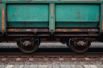 Naklejka premium Close up view of a turquoise freight train car on tracks near a station during daylight hours