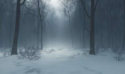 Naklejka premium Foggy forest, snow-covered ground, abstract mood, mysterious, atmospheric