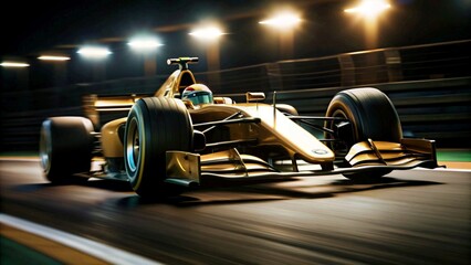 Fototapeta premium Racing car on the track in the rays of the setting sun, demonstrating speed and power. Concept of motorsport and competition