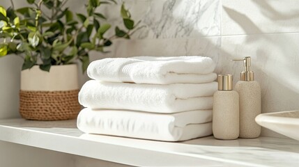 Stack of white towels neatly folded on a bathroom shelf, creating a clean and organized look.
