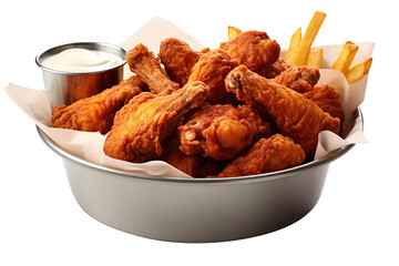 Tasty fried chicken wings in a bucket isolated on transparent background