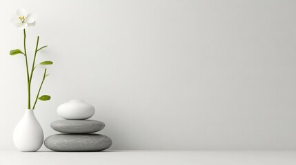 A delicate vase with a flower rests beside smooth stones creating a peaceful ambiance