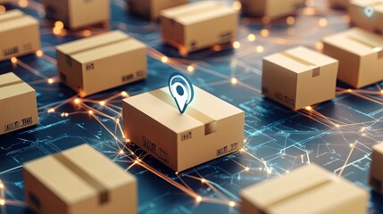 Global logistics network concept with cardboard boxes and a navigation icon, representing worldwide shipping and delivery.