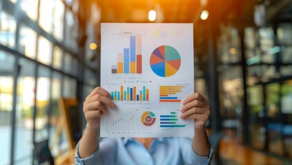 Person holding up an old-fashioned paper chart with colorful graphs and bar charts, analyzes data on a wall covered with charts and graphs, using a marker to highlight information bright workspace