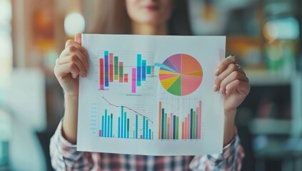 Person holding up an old-fashioned paper chart with colorful graphs and bar charts, analyzes data on a wall covered with charts and graphs, using a marker to highlight information bright workspace