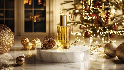A golden perfume bottle shines amidst festive decorations by a beautifully lit Christmas tree in a cozy, elegant setting