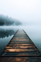 Obraz premium A wooden bridge spans a body of water, with fog in the background. The bridge is surrounded by trees, and the water is calm. Concept of tranquility and peacefulness