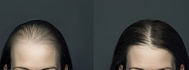 Transformative hair restoration showcasing a before and after comparison of a woman’s scalp in a studio setting
