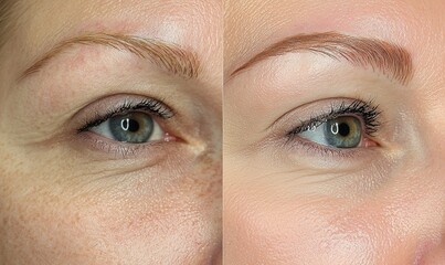 Transformative beauty treatment showcasing remarkable improvement in eye appearance with enhanced brows and smooth skin