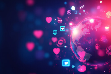 Obraz premium A neon-glowing earth surrounded by digital icons and heart symbols, offering ample copy space on the left for text or graphics 
