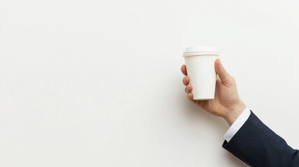 A hand in a suit holding a white disposable coffee cup, isolated on a plain white background, minimal shadows,  ideal for business lifestyle, corporate culture, and takeaway coffee concepts.