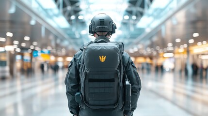 Security Personnel in Airport Terminal with Backpack