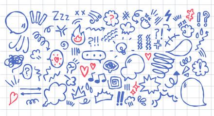 Set of anime emotion effect with a pen in a checked notebook. Doodle cartoon sparkle signs