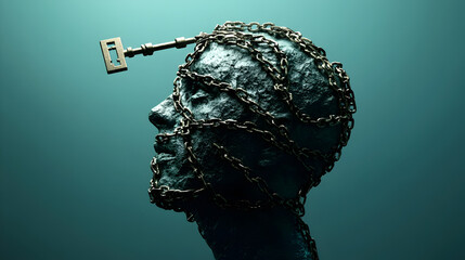A mind wrapped in chains with a key floating just out of reach, symbolizing trapped thoughts or trauma. Trapped thoughts.


