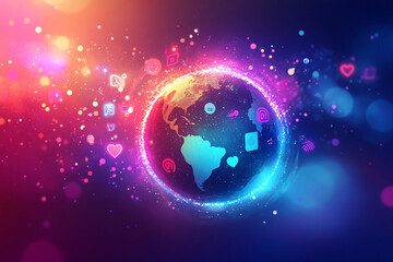 Obraz premium A brightly glowing earth surrounded by digital icons and hearts, with abundant copy space on the sides for text or graphics 