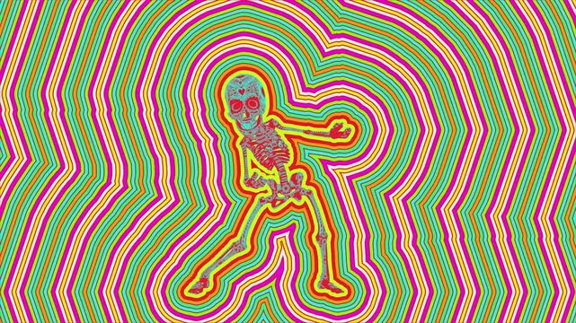 Seamless animation psychedelic thriller dancing skeleton painted style cartoon. Hypnotic Halloween background with wave with marker stroke effect 