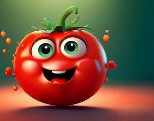 Illustration of cute red tomato with big eyes. Green background.