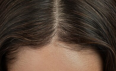 Intricate texture of dark hair reveals a delicate parting under soft lighting, highlighting natural beauty and hair care