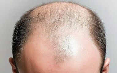 Exploring the effects of hair loss through a close-up view of a nearly bald scalp under soft lighting at a neutral backdrop