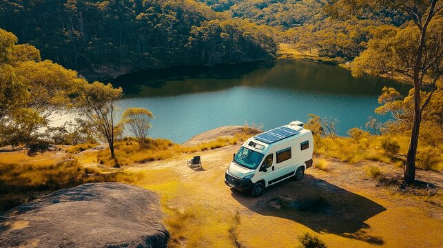 A car parked near a lake in the mountains with solar panels on the roof