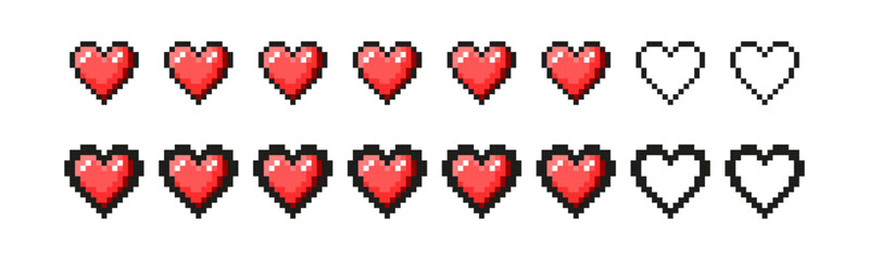 Pixel Style Hearts Health Indicator for Game Vector Illustration. Pixelated hearts for game health status