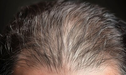 A close-up view of thinning hair on a man's scalp highlighting the contrast between gray and dark strands during evening light