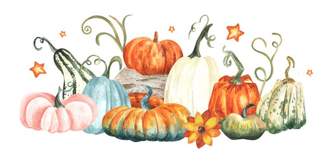 Watercolor pumpkins composition. Hand painted green, blue , white and orange pumpkins with leaves isolated on white background. Autumn harvest. Botanical illustration for design, print or stickers