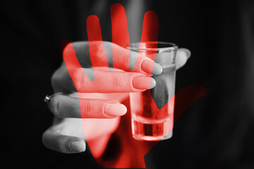 Alcohol addiction background. Drinking problem. Do not drink and drive. Stop drinking. Drink responsibly. Danger on road. Concept of safe driving. Driving under the influence. Girl holding vodka shot.