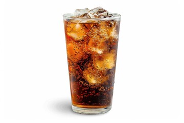 Chilled glass of cola with ice cubes on a white background, bubbles rising to the top..