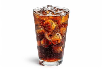 Iced cola in a glass with ice cubes on a clean white background, refreshing..