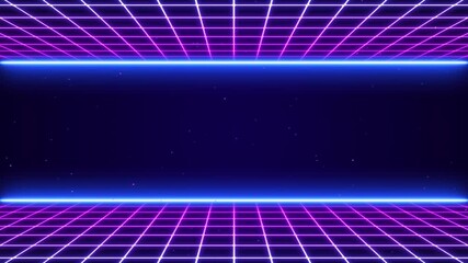 3D Synthwave terrain landscape, digital blue purple glow cyberspace laser neon grid floor perspective, abstract futuristic retrowave poster design, 80s retro arcade game style motion background loop - Powered by Adobe