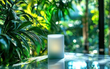 A peaceful candle glows softly amidst lush greenery in a tranquil indoor garden during golden afternoon light